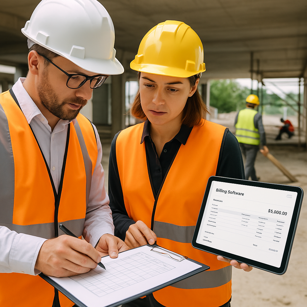 A construction project site with engineers reviewing measurement sheets, subcontractors working in the background, and a...
