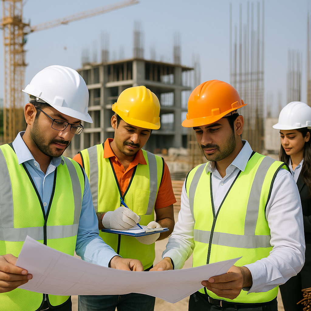 An Indian construction site with workers reviewing blueprints, subcontractors signing agreements, and visible equipment/...