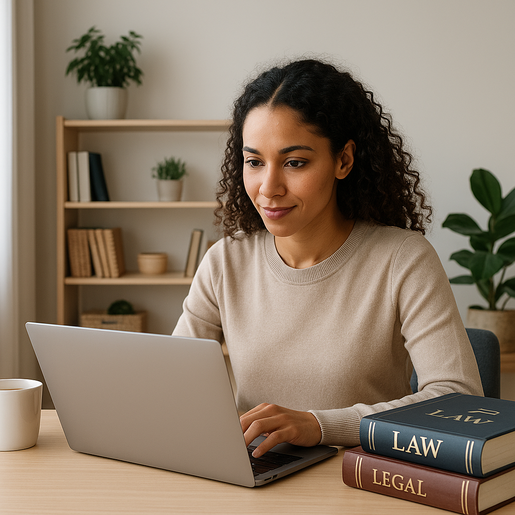 A motivated paralegal studying on a laptop in a cozy home office, with legal textbooks and a cup of coffee nearby, repre...