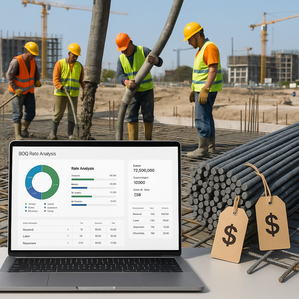 A detailed construction site with workers pouring concrete, a laptop showing a BOQ rate analysis dashboard, and a pile o...