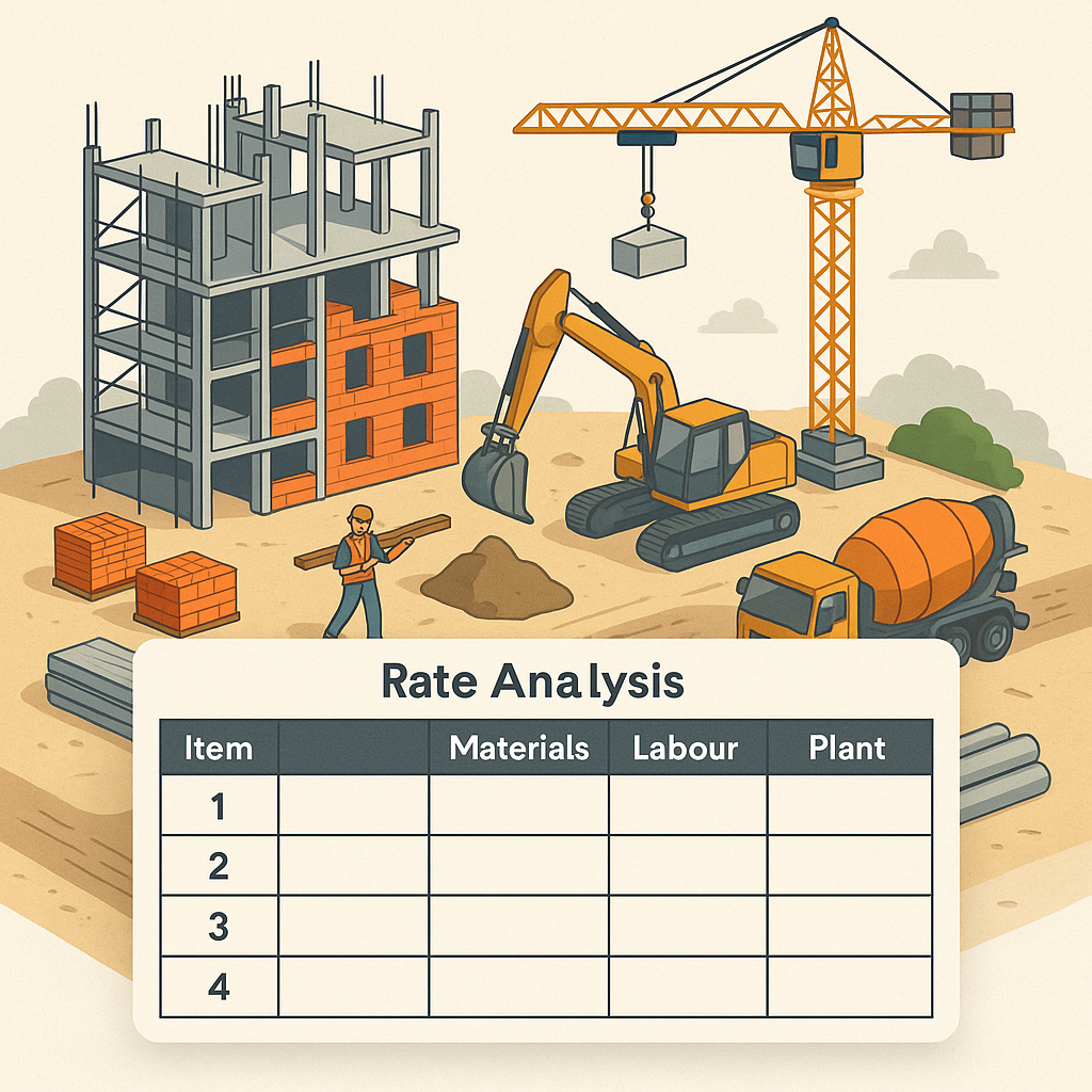 A detailed illustration of a construction site with a BOQ spreadsheet overlay showing rate analysis, including materials...