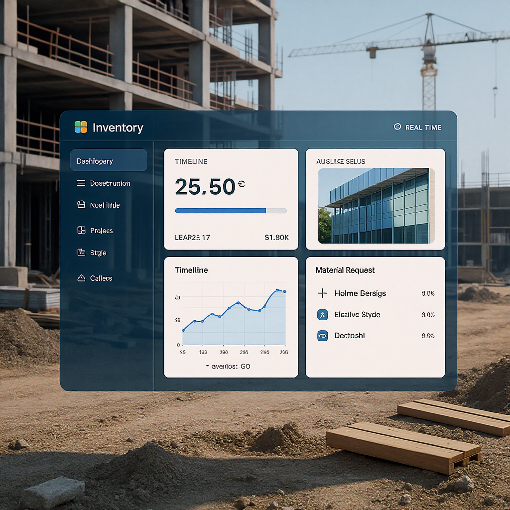 A detailed rendering of a construction site with a digital dashboard overlay showing inventory levels, project timelines...