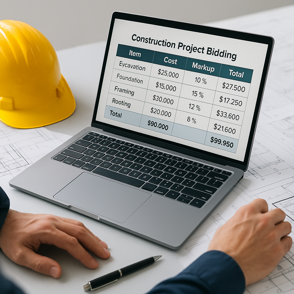 A construction project bidding table with line items, costs, and markup percentages displayed, showing a contractor revi...