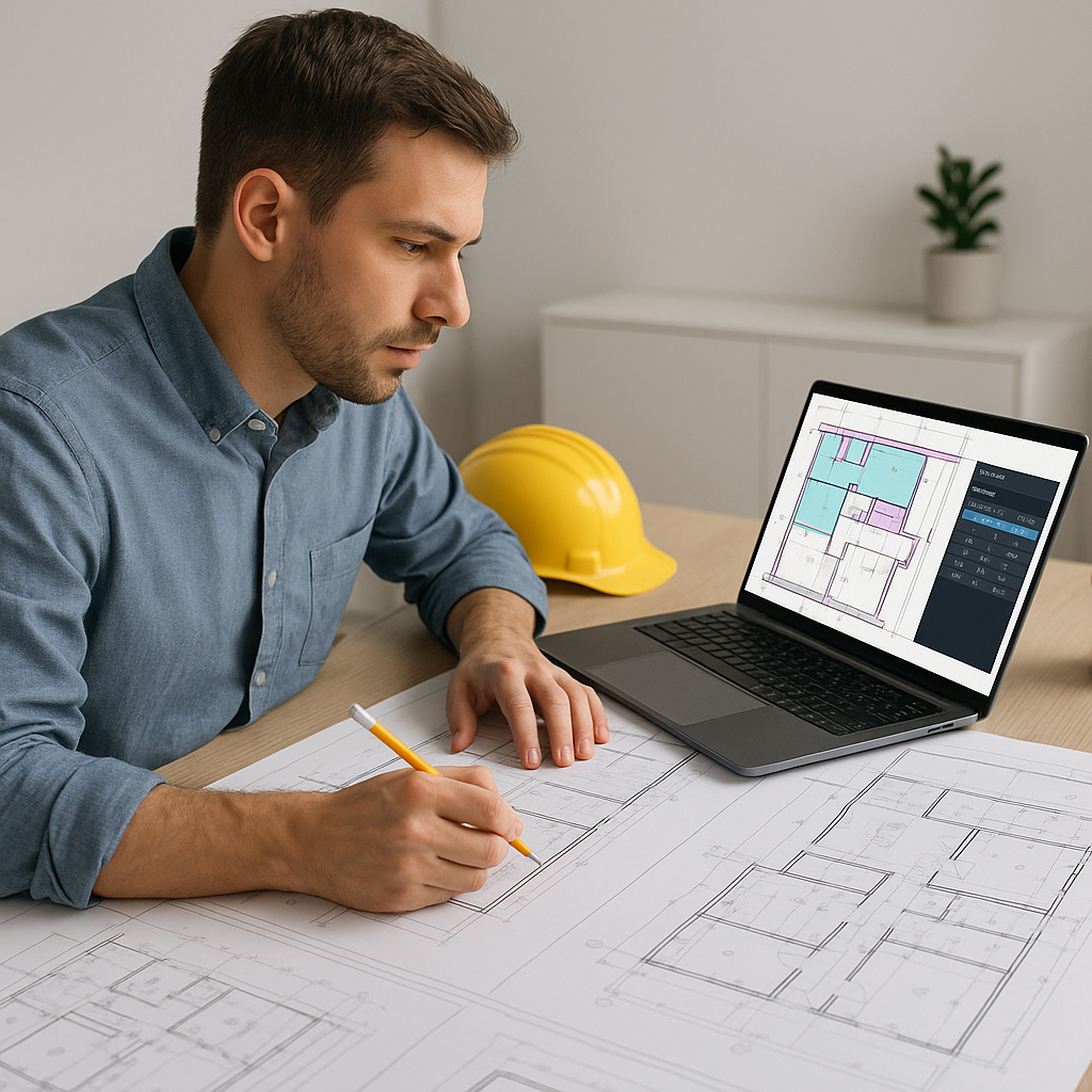 A construction estimator at a desk surrounded by paper drawings and a laptop screen showing an AI-powered takeoff tool a...