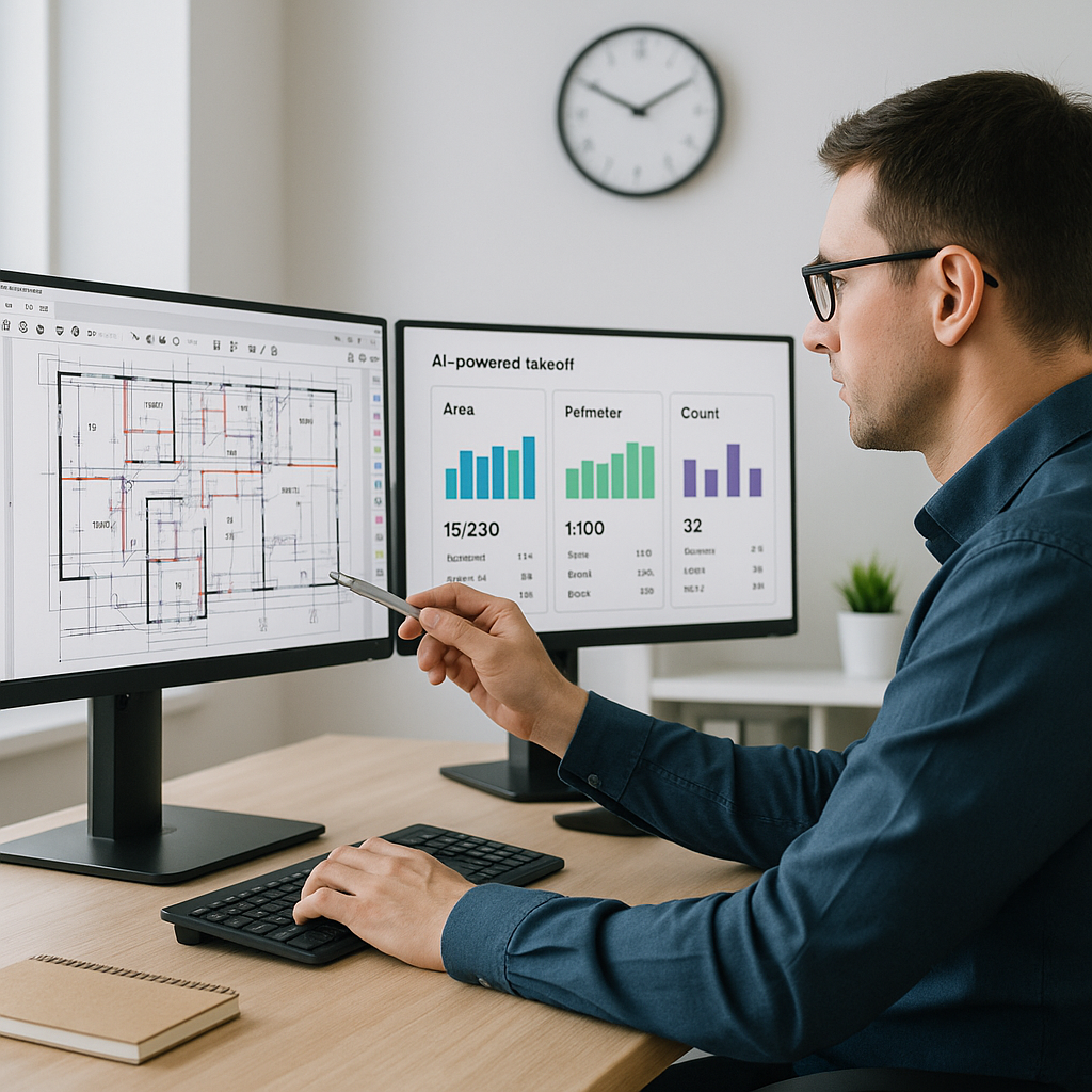 A construction estimator in an office using dual monitors, one with a complex PDF drawing and the other showing AI-power...