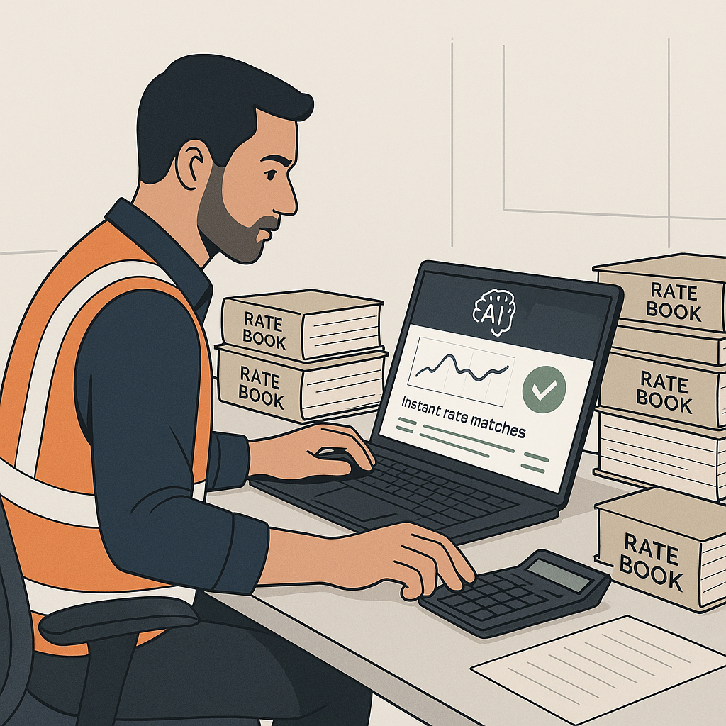 A detailed illustration of a construction estimator at a desk, with an AI-powered tool on their laptop showing instant r...