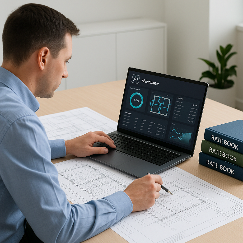 An estimator at a desk with construction drawings and a laptop showing AI software interface, with rate books stacked ne...
