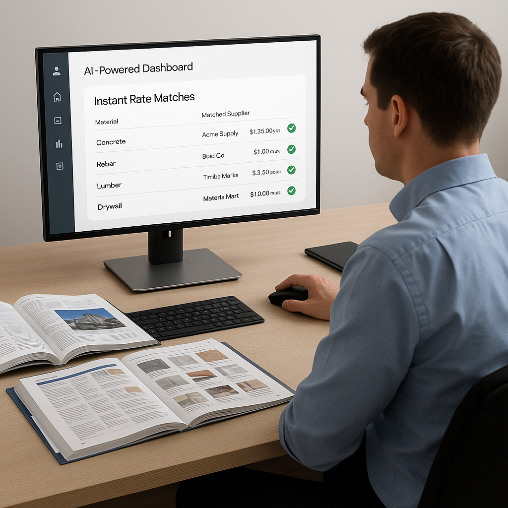 An estimator at a desk with multiple open catalogs, replaced by an AI-powered dashboard showing instant rate matches for...
