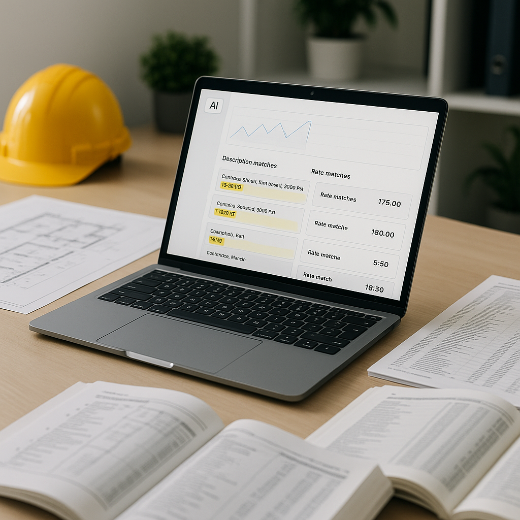 A modern construction estimator's desk with a laptop displaying AI-powered rate matching software, surrounded by open PD...