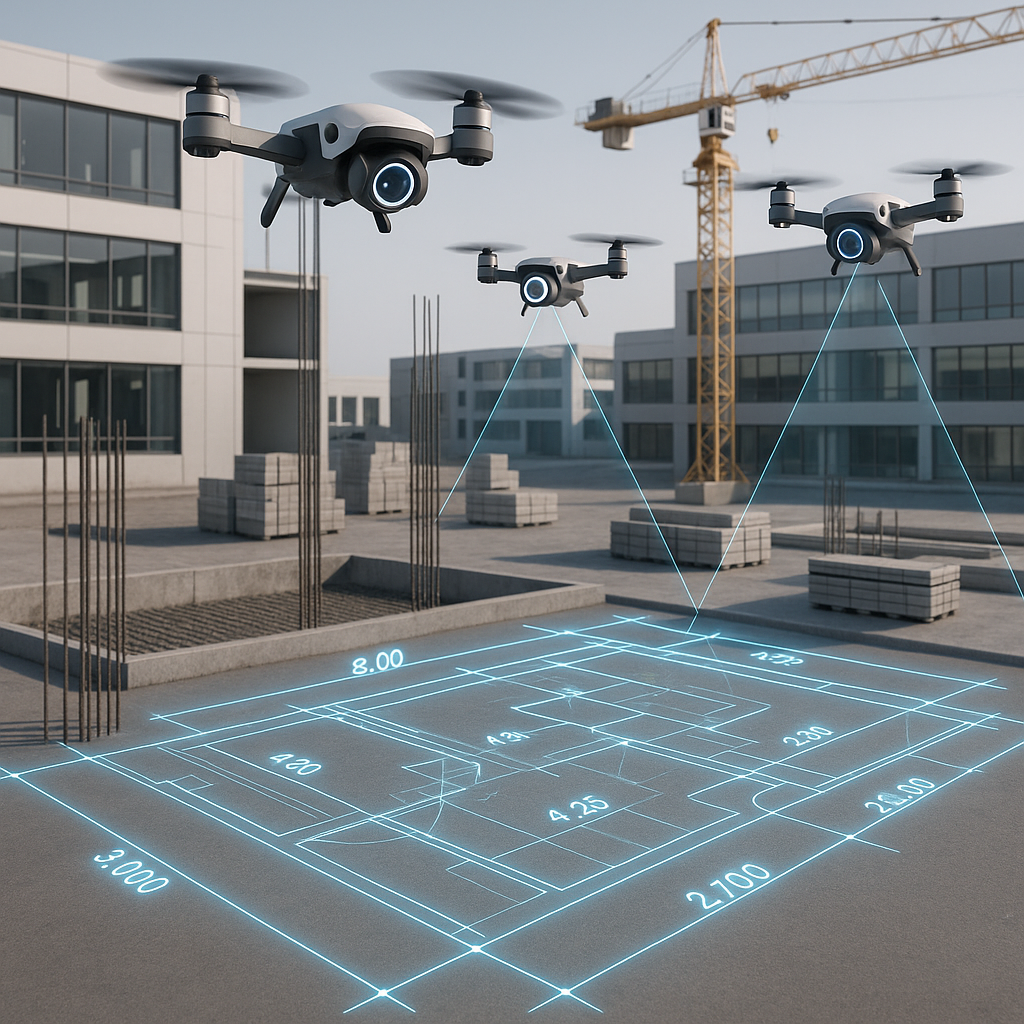 A futuristic construction site with AI-powered drones scanning blueprints, digital overlays of measurements projecting o...