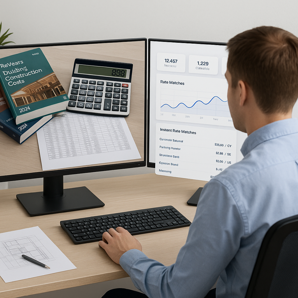 A construction estimator at a desk with a split screen: one side shows a cluttered desk with RSMeans books and a calcula...