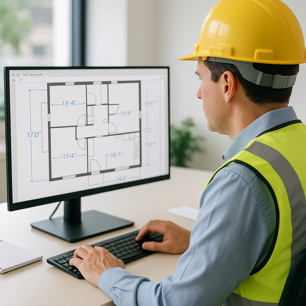 A construction estimator working on a computer, with AI-generated measurements overlaying a PDF drawing of a building's...