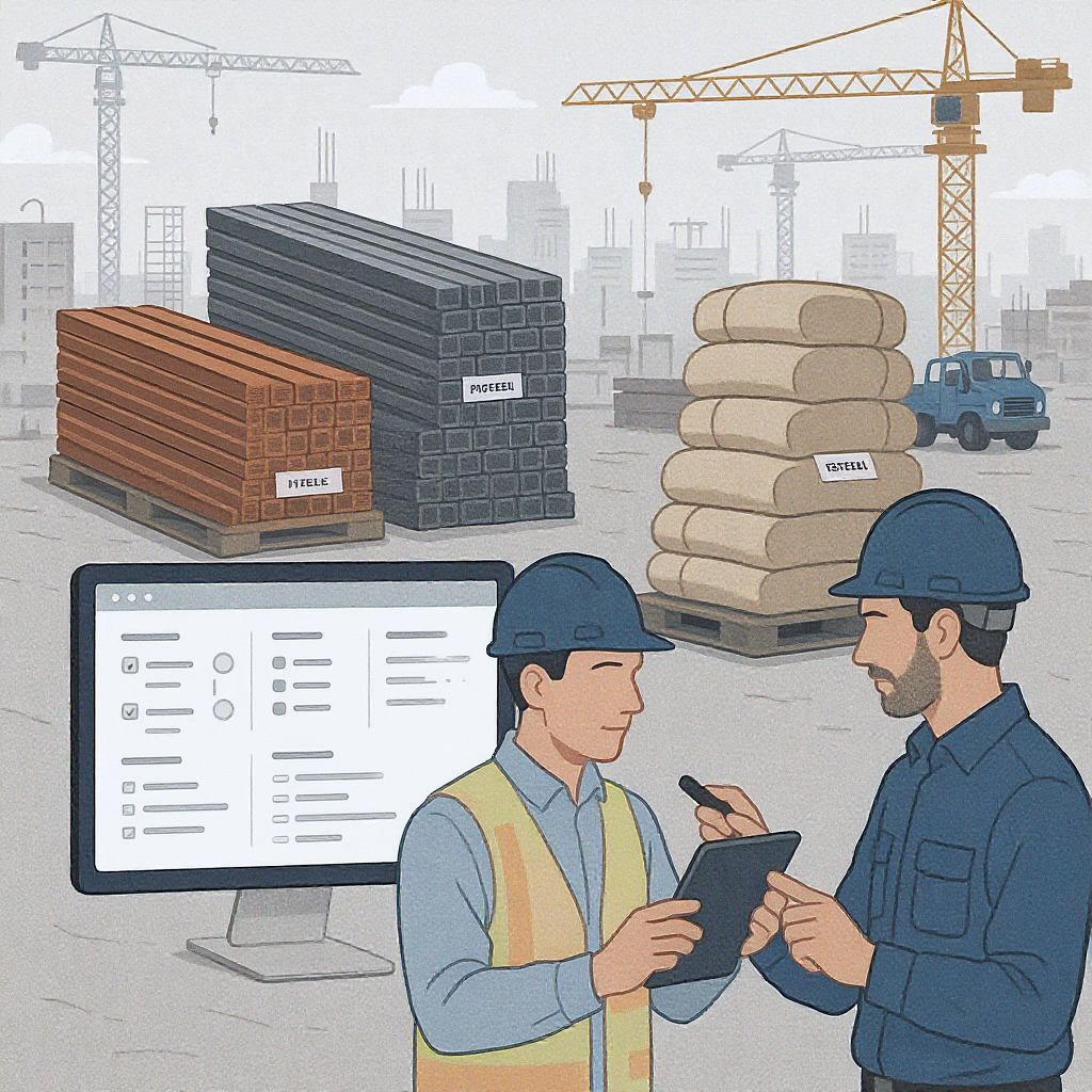 A detailed illustration of a construction site with labeled stacks of materials (steel bars, cement bags), workers using...