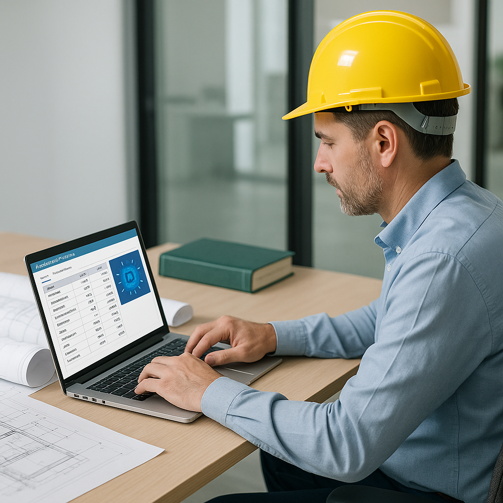 A construction estimator in a modern office, using a laptop with AI-powered estimation software on the screen. Backgroun...