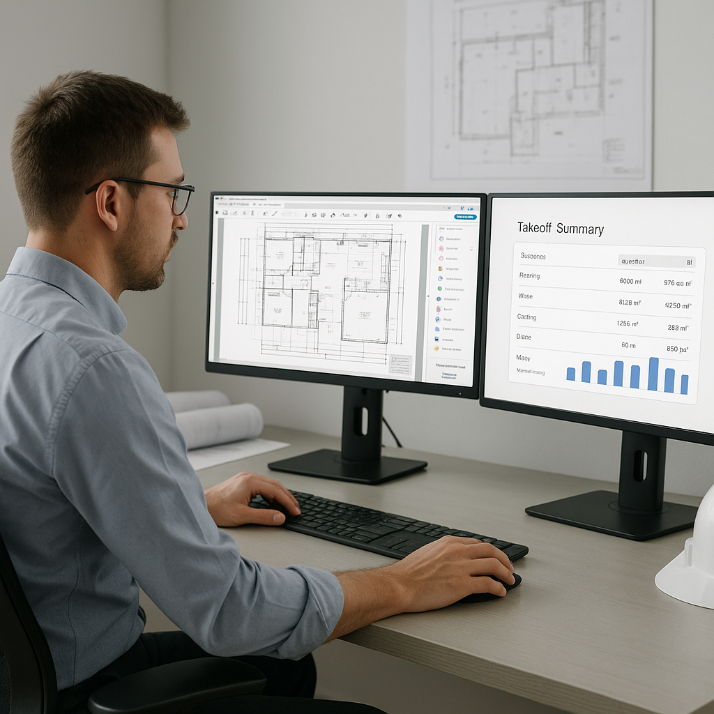 A construction estimator at a desk with dual monitors, one showing a detailed PDF drawing and the other displaying an AI...