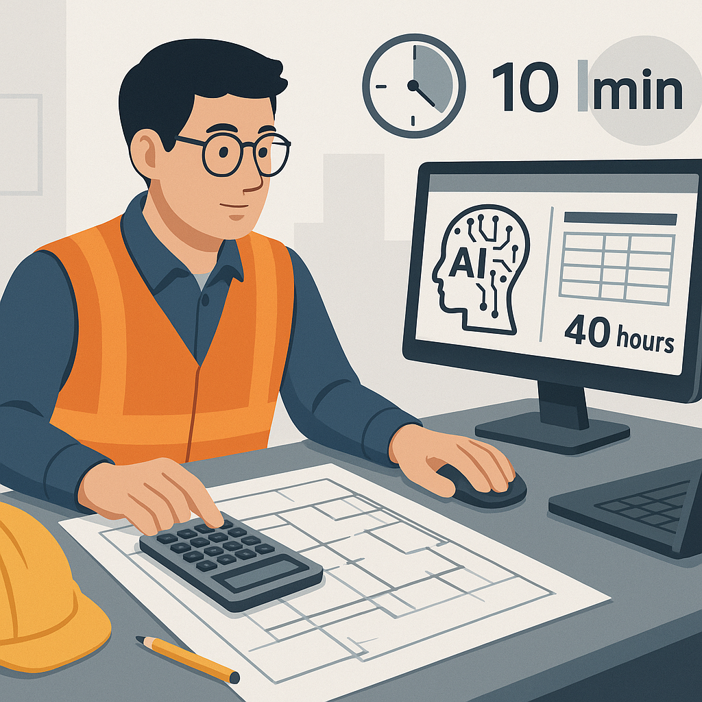 A detailed illustration of a construction estimator working with both traditional tools (blueprints, calculators) and mo...
