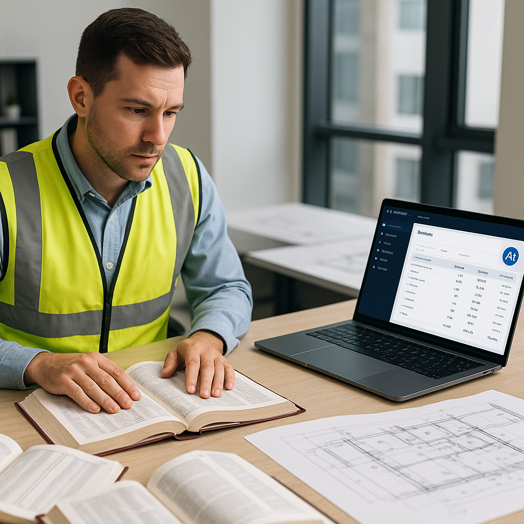 A construction estimator at a desk with multiple rate books open, contrasted with a sleek laptop showing AI-powered esti...