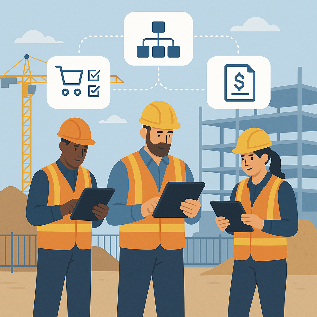 A construction site with workers using tablets for project management in the foreground, showcasing interconnected workf...