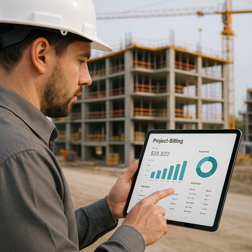 A contractor reviewing a digital dashboard with clear project billing data, alongside a construction site in the backgro...