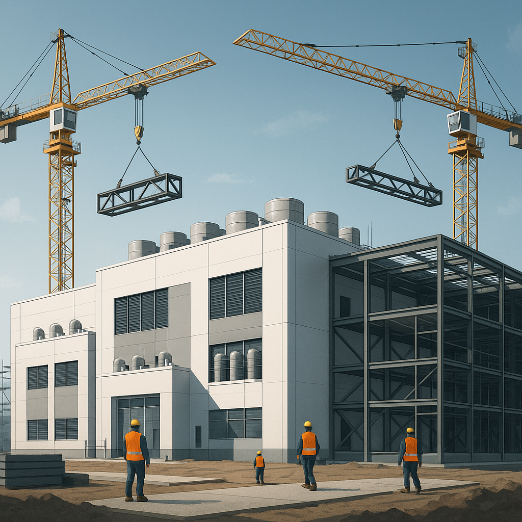 A modern data center under construction with cranes and workers in safety gear, showcasing the complexity of the project...