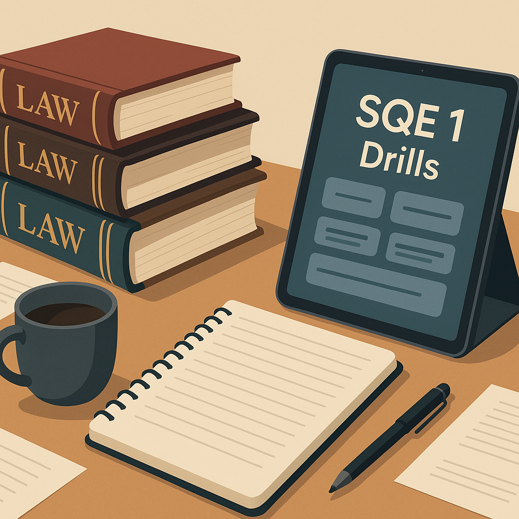 A digital illustration of a cluttered desk with expensive law books stacked on one side and a sleek tablet with SQE1 Dri...