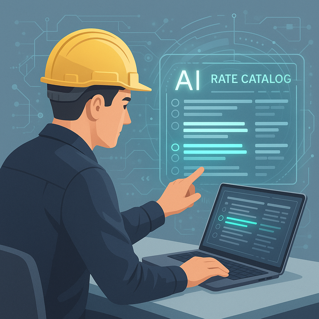 A construction estimator sitting at a desk with a laptop, looking at a digital rate catalog with highlighted matches. In...