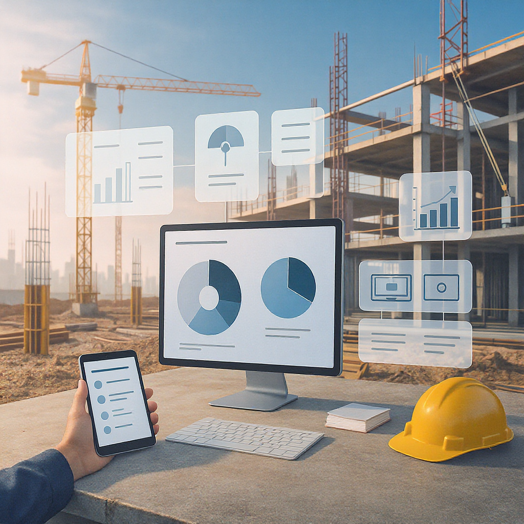 A detailed illustration of a modern construction site with digital tools overlay (like tablets, dashboards, and workflow...