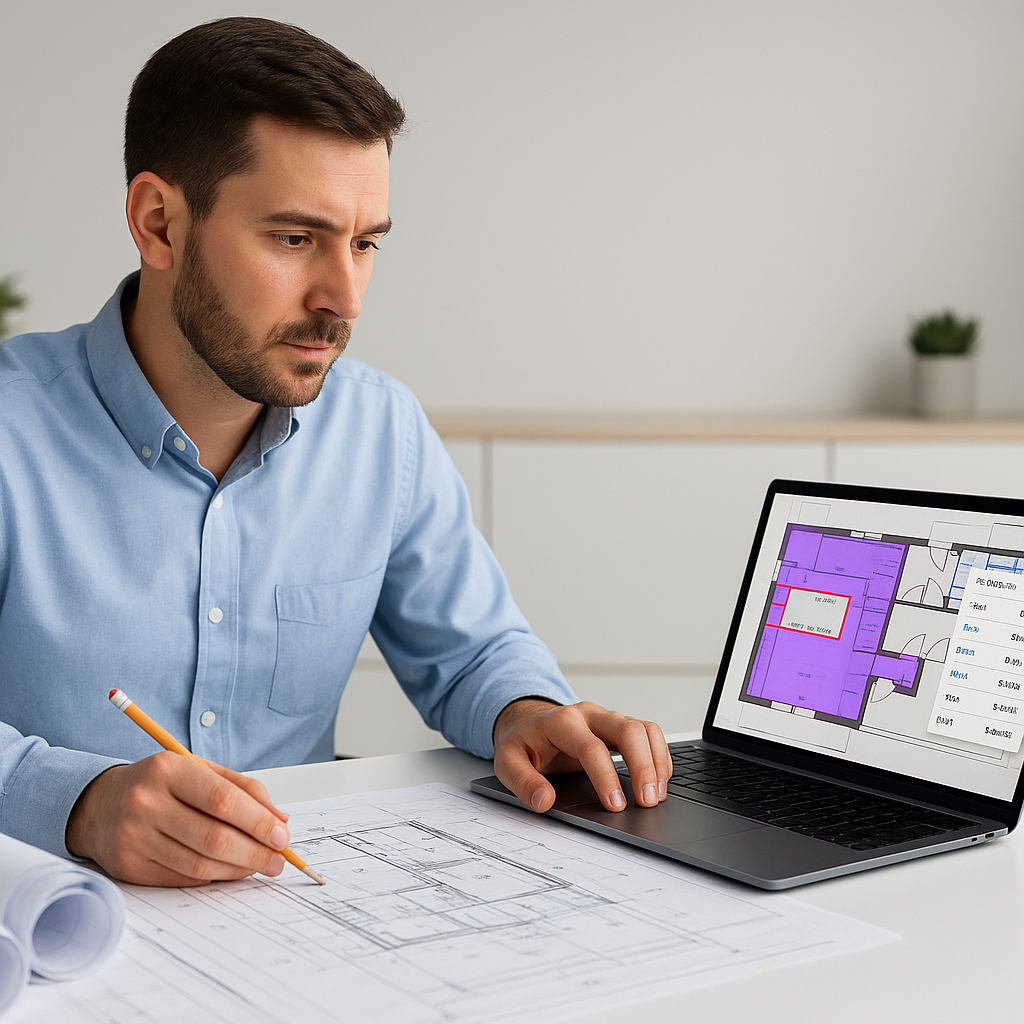 A construction estimator at a desk, surrounded by stacks of blueprints and a laptop showing an AI-powered takeoff tool i...