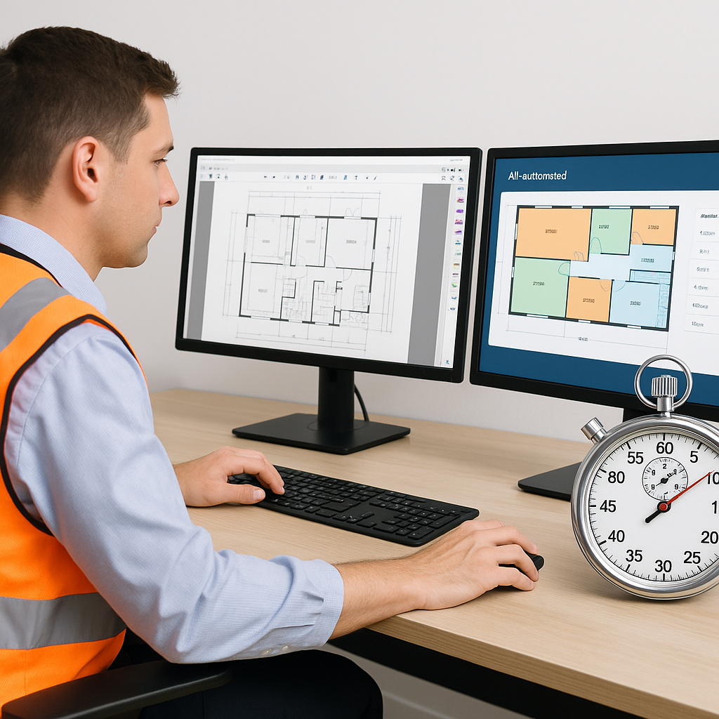 A construction estimator at a desk with dual monitors. One screen shows a PDF with building drawings, and the other disp...