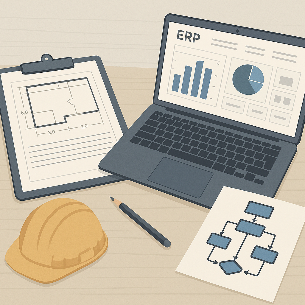 An illustration of a construction contractor's desk with measurement sheets, a laptop showing an ERP dashboard, and a cl...