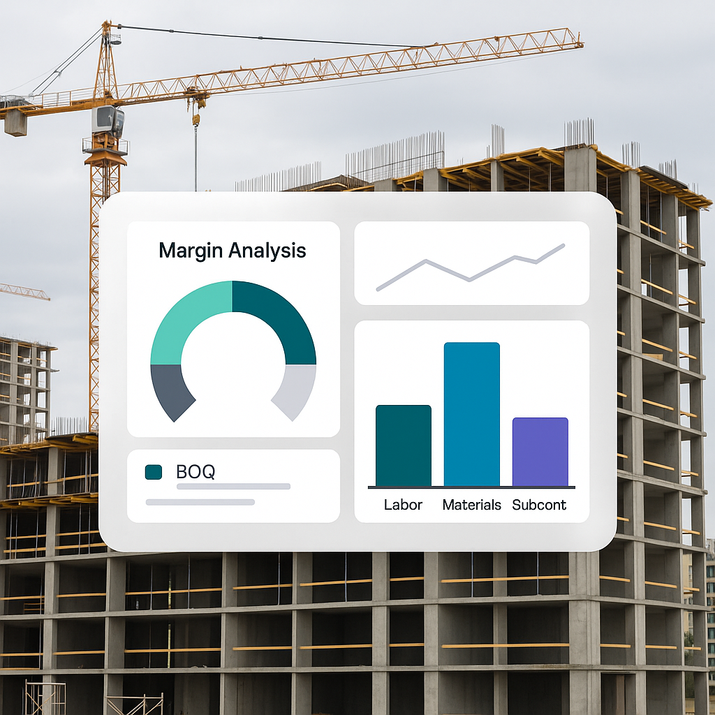 A detailed visual of a construction site with a digital dashboard overlay, showing BOQ margin analysis charts breaking d...