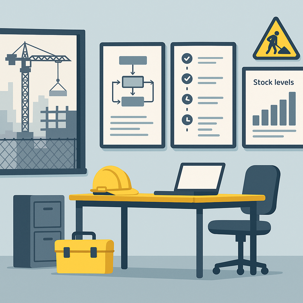 Illustration of a construction site office with digital screens showing procurement workflows, audit trails, and stock l...