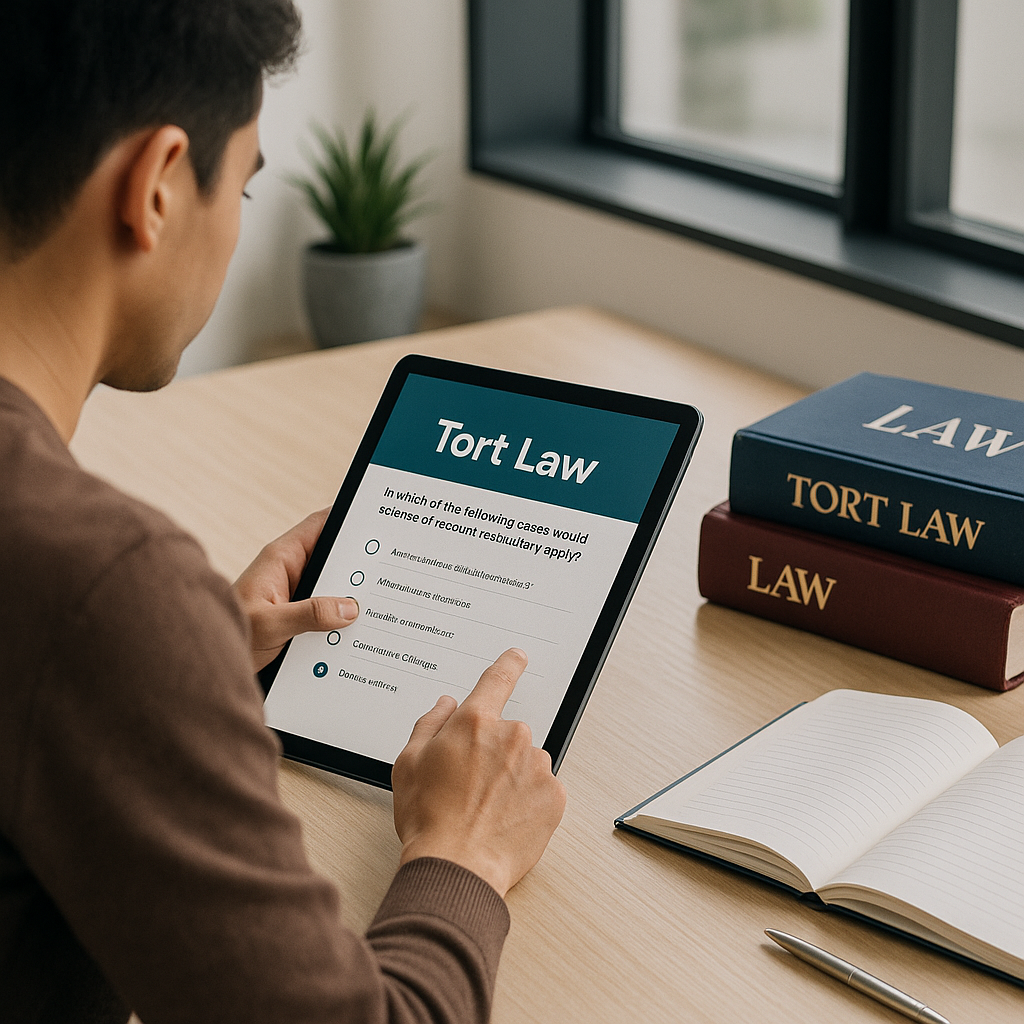 A focused student solving legal MCQs on a tablet, with 'Tort Law' highlighted on the screen, set in a modern study envir...