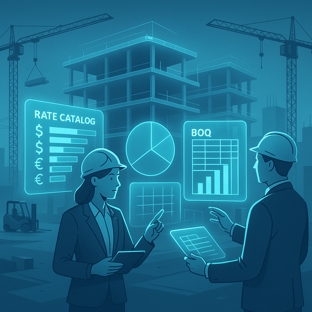 A futuristic construction site with AI-powered holographic tools assisting estimators, featuring rate catalogs and BOQ d...