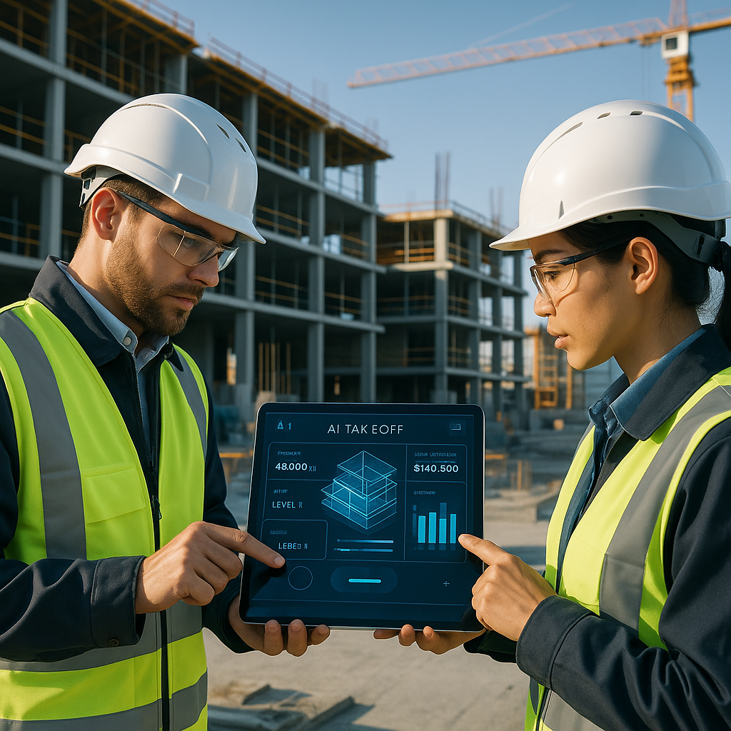 A modern construction site with engineers using AI-powered tablets to review an automated takeoff dashboard; sleek, futu...