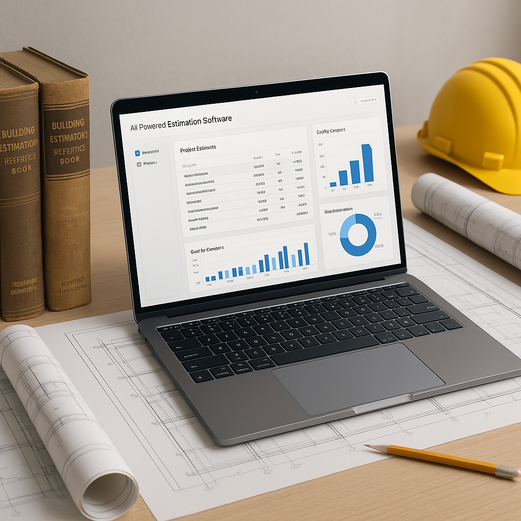A construction estimator’s desk with a laptop showing a sleek AI-powered estimation software interface, surrounded by ol...