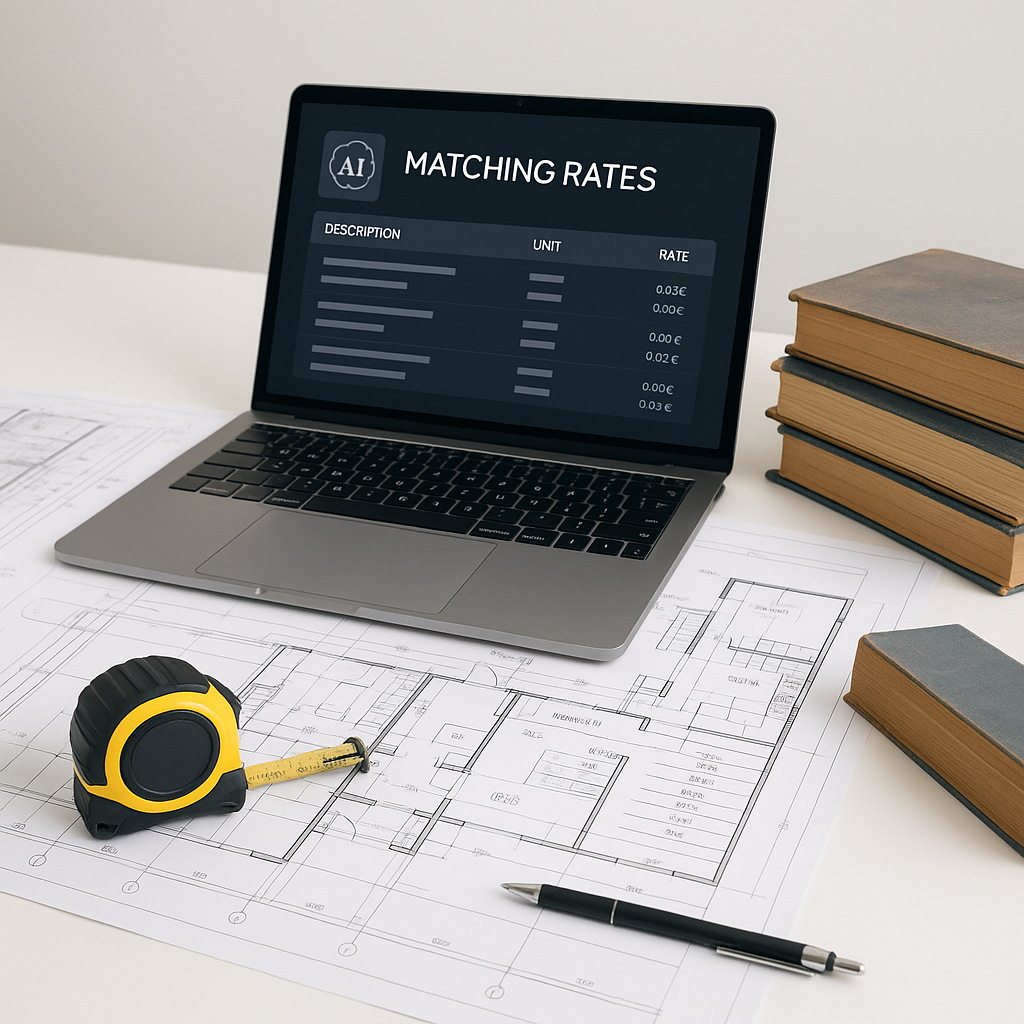 A construction estimator's desk with open blueprints, a laptop showing AI software matching rates, and a stack of outdat...