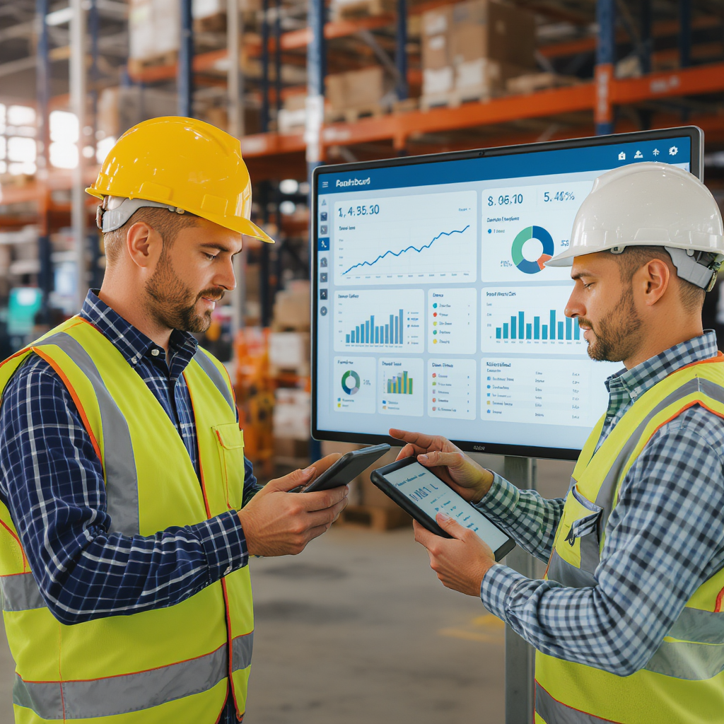 A modern construction site with workers checking inventory levels on tablets, showing real-time stock data dashboards in...