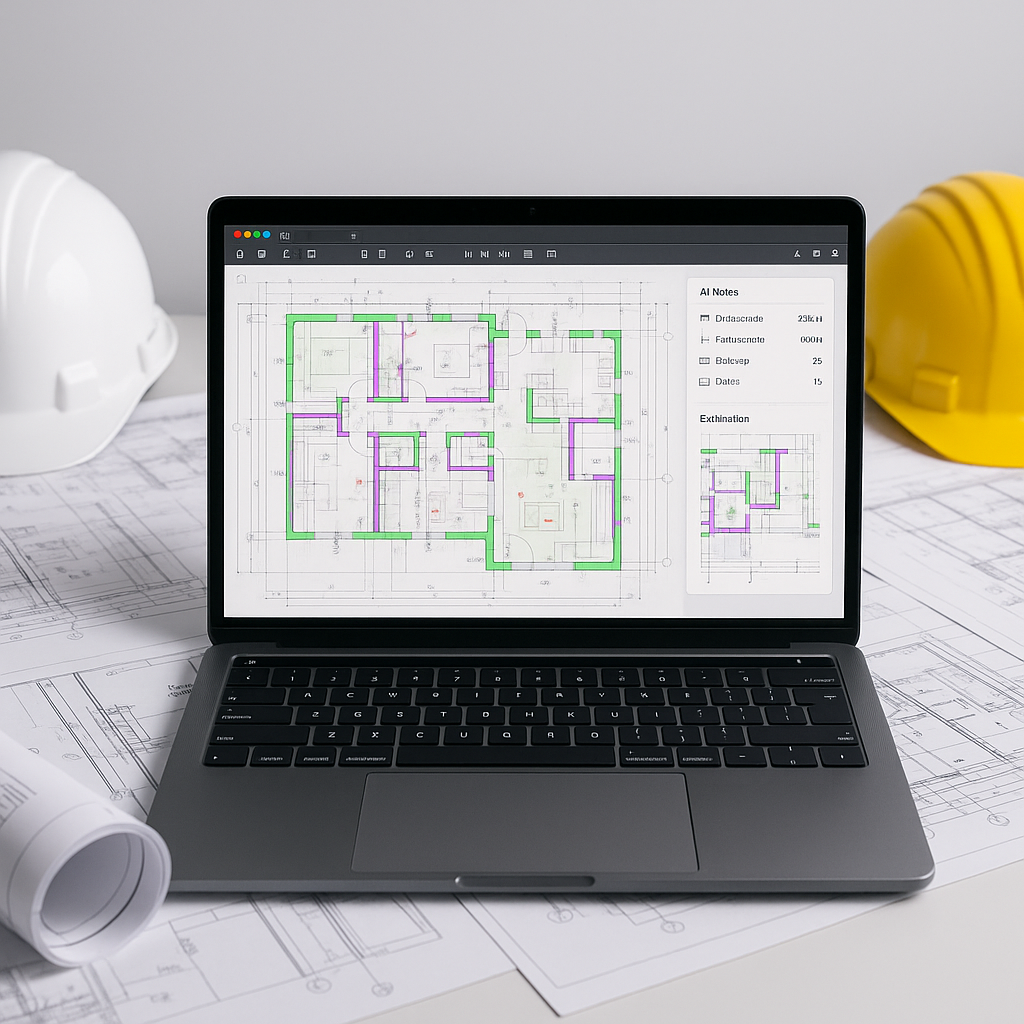 An AI-powered construction estimation tool analyzing complex PDF drawings on a laptop screen surrounded by blueprints an...