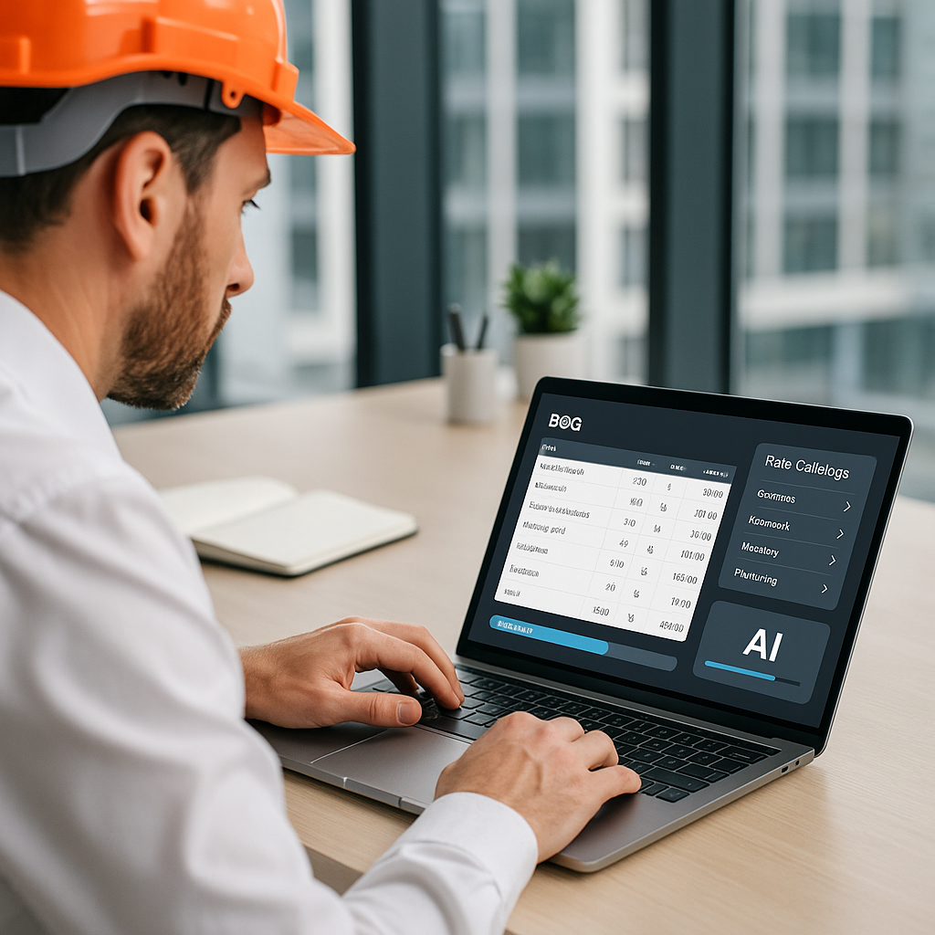 A construction estimator using AI software with a laptop showing a BOQ screen, rate catalogs, and a progress bar. Modern...