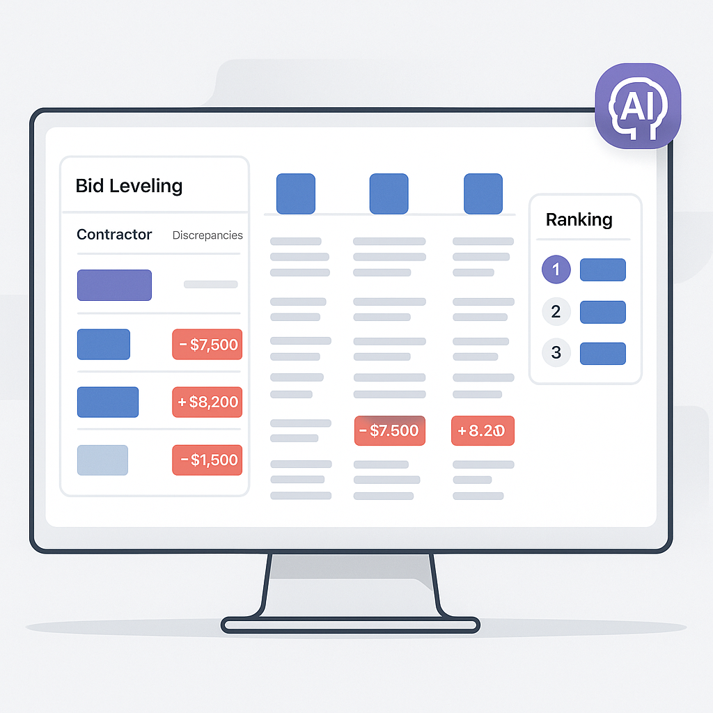 An AI-powered software interface on a screen, showing a construction project's bid leveling process with highlighted dis...