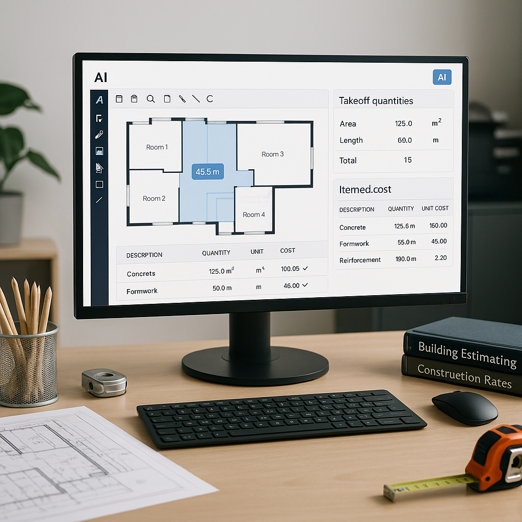 A modern construction estimator's desk with AI software on a monitor showing a takeoff calculation, alongside traditiona...