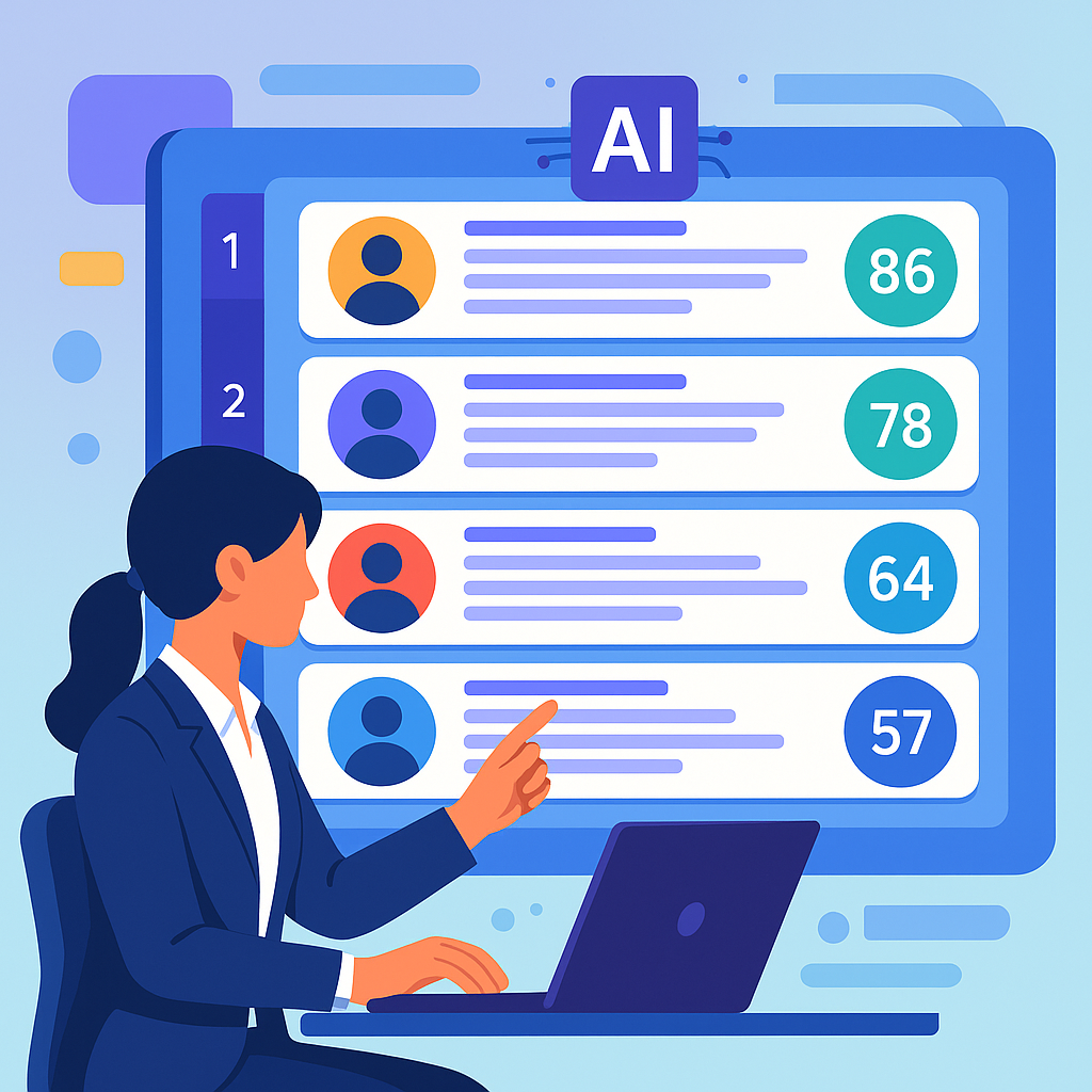 A professional illustration of a recruiter working with an AI-powered dashboard, showing resumes ranked and scored; mode...