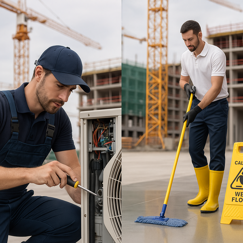 A split-screen image showing an HVAC technician fixing a unit (hard service) on one side and a cleaner mopping a floor (...