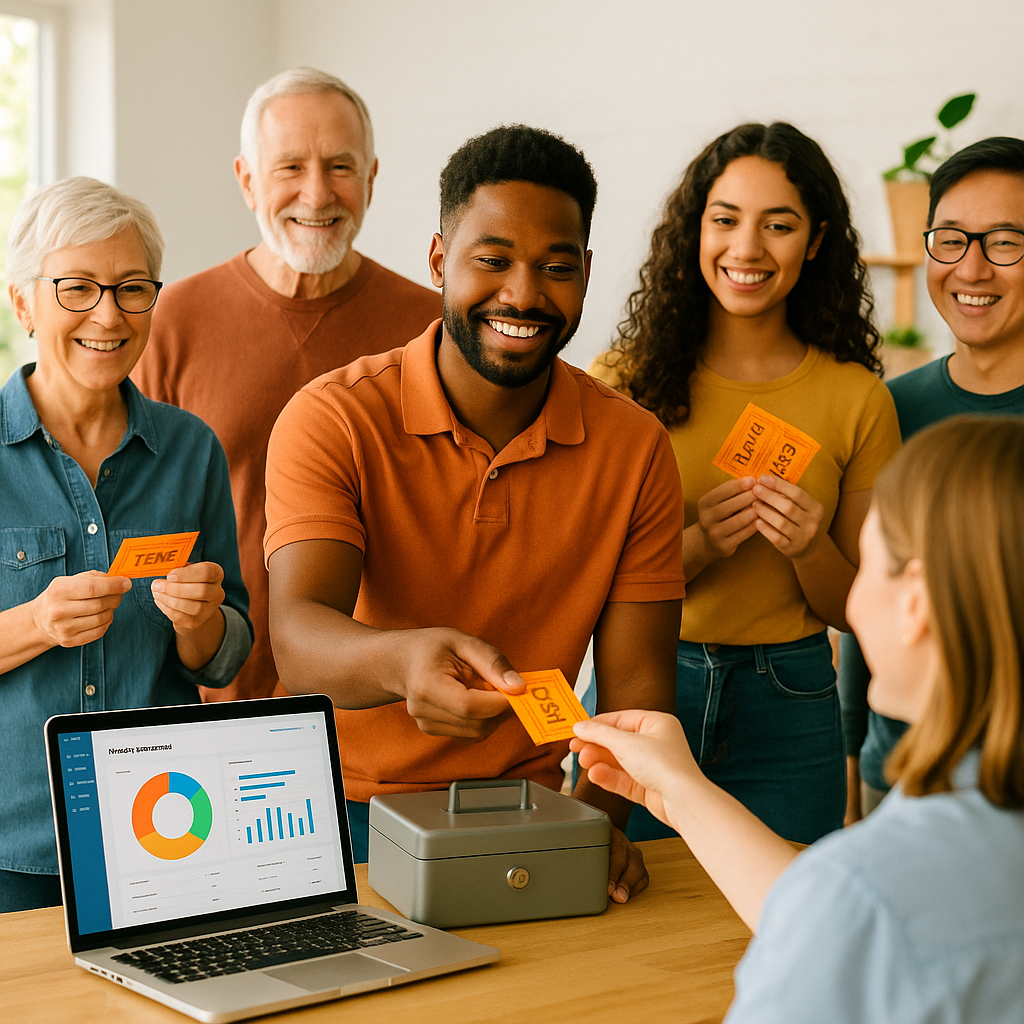 A small community event with diverse attendees holding tickets, a cashbox on a table, and a laptop showing an event dash...