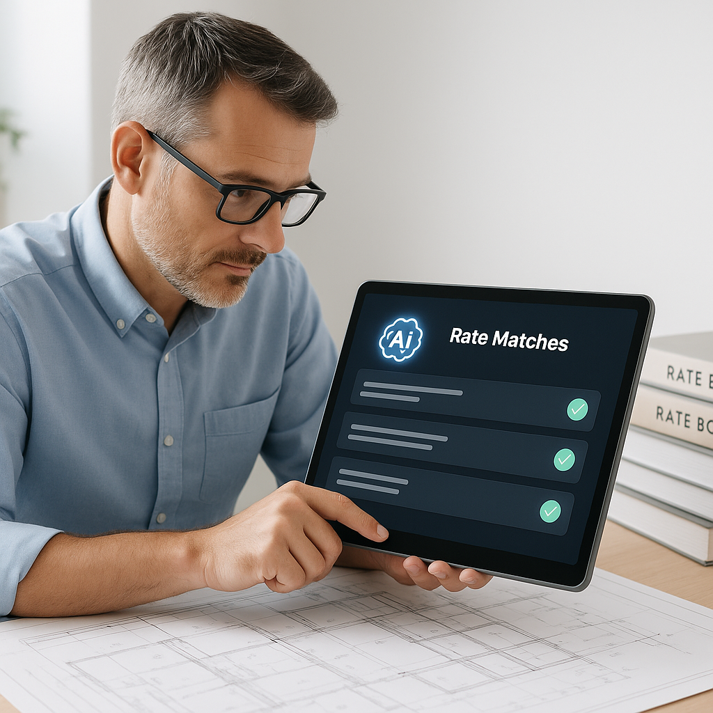 A construction estimator working on a tablet with an AI-powered interface showing rate matches, surrounded by blueprints...