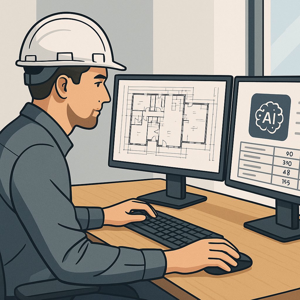 A detailed illustration of a construction estimator using AI software on a dual monitor setup, with PDF drawings on one...