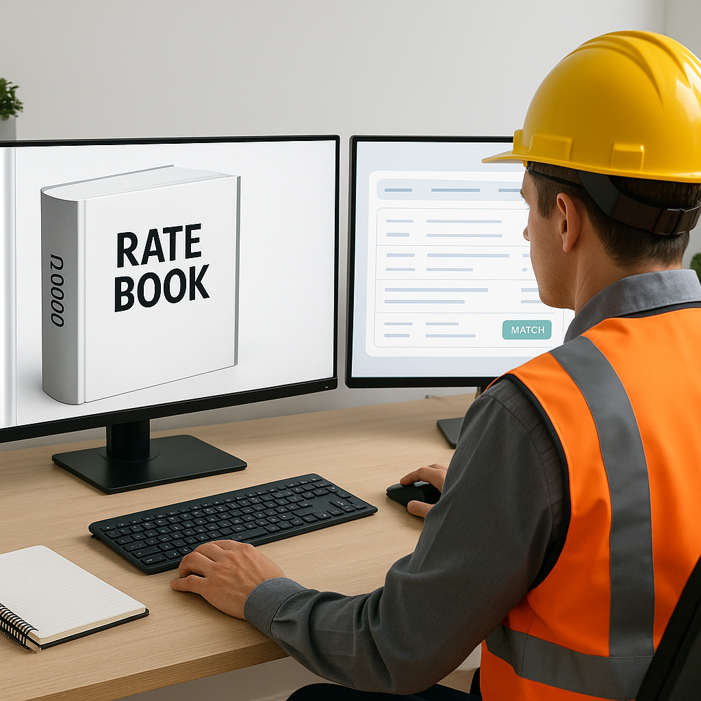 A construction estimator at a desk with two screens: one showing a 2,000-page rate book and the other displaying an AI-p...