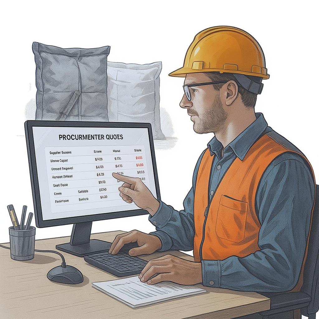 A detailed illustration of a construction contractor sitting at a desk reviewing supplier quotes on a modern procurement...