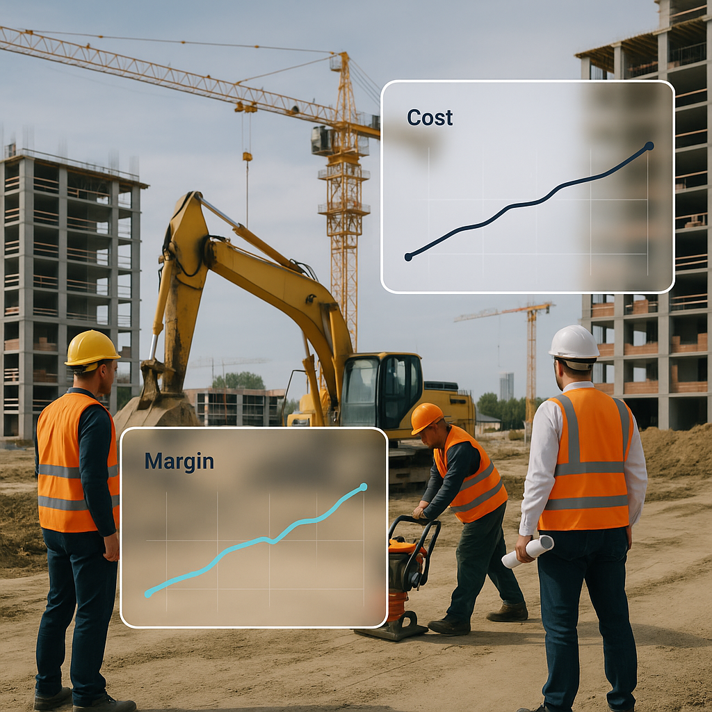 A construction site with workers and machinery, overlaid with real-time data graphs showing cost and margin tracking.
